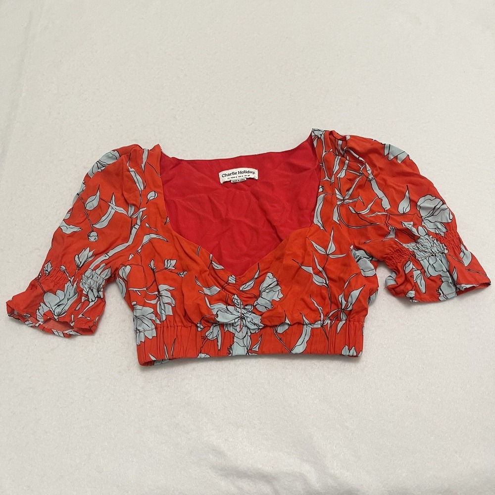 Charlie Holiday Red Orange Floral Puff Sleeve Crop Top XS Boho Cottagecore
